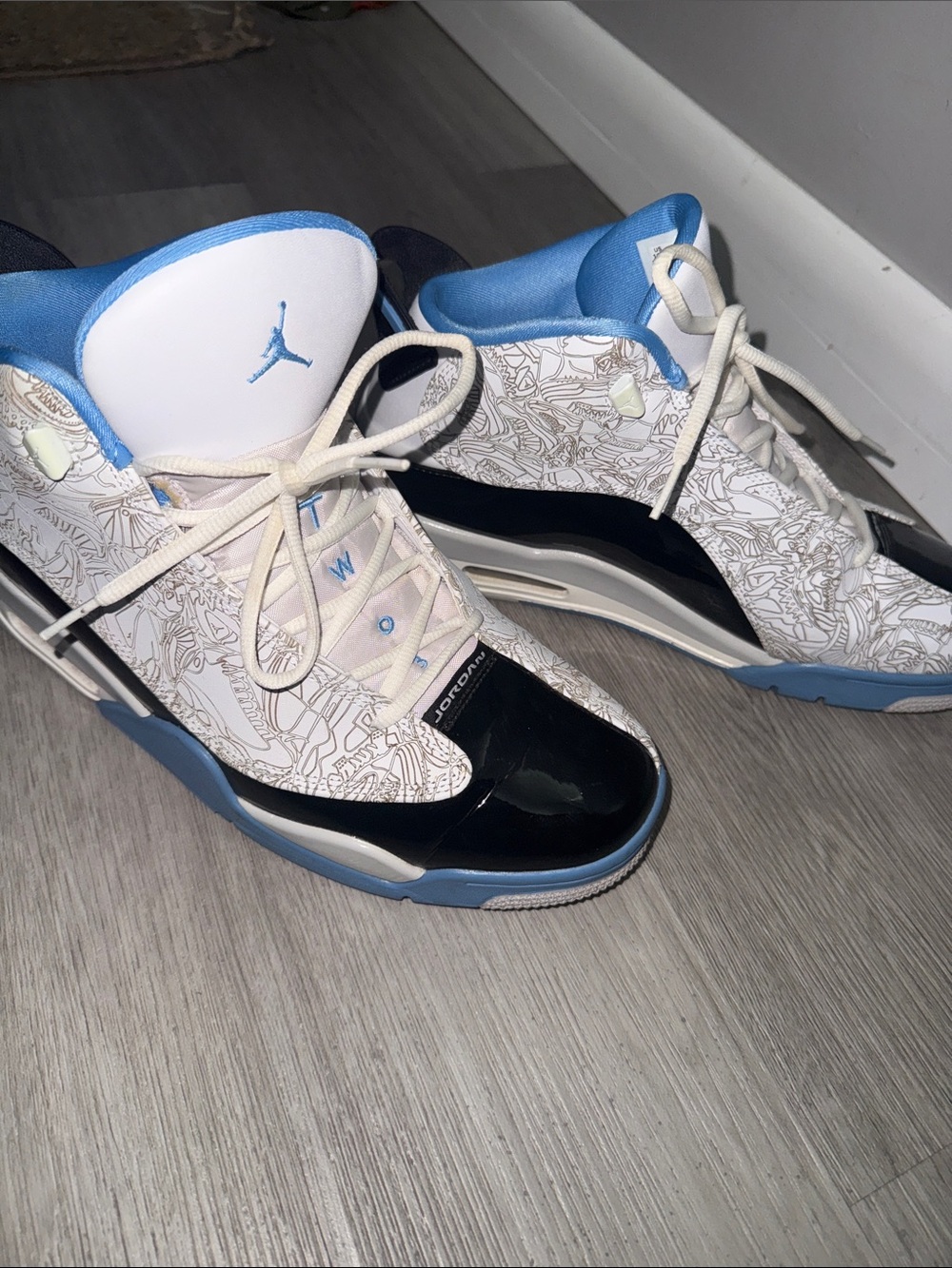 Air Jordan Dub Zero High-Top Sneakers in White, Light Blue & Black
